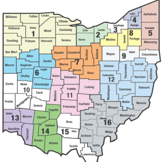 map of ohio split into 16 regions representing ohios state support team regional office coverage