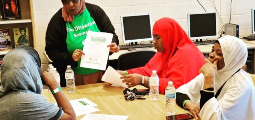 Students and teacher wearing hijabs at table