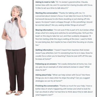 Older white woman standing while talking on the phone with text from the conversation on the side