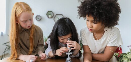 Three girls in first grade taking turns looking in a microscope