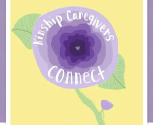 Kinship Caregivers Connect logo: lavender flower on yellow and lavender background