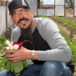 A person in a garden holding fresh radishes
