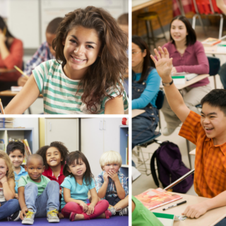 diverse students in classrooms collage