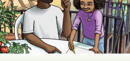 a Black father and young child doing a STEM project together, with the EiE families logo, let's learn together!